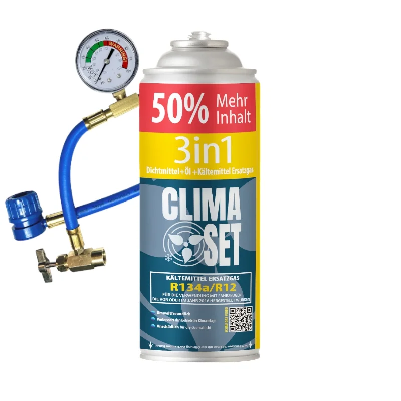 ClimaSet 3-in-1 Kältemittel R134a/ R12 Ersatzgas, Öl, Dichtmittel, Füllschlauch mit Manometer